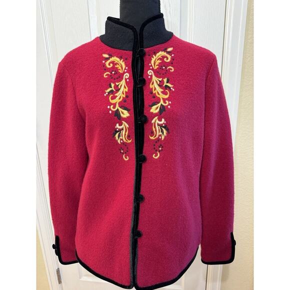 Icelandic Designs 100% Wool Cardigan Sweater Womens M Embroidery Velvet Trim - Picture 1 of 13